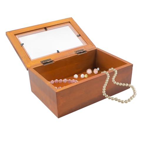 HaoGludi Wood Storage Box with Window, Rustic Style Square Pine Wooden Gift Box, Jewellery Organize Container Display Case for DIY Party Favor Gift Package, 6.8 x 4.4 x 2.5