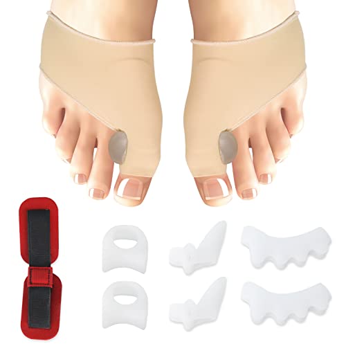 La confezione include: Il set di stecche per bunion contiene: 2* bunion pads sleeves, 2* double-hole toe separators, 2* big toe straightener, 2* toe spacers for feet e 1* tension band.