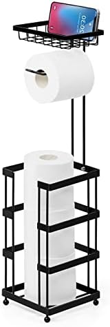 UOMIO Toilet Roll Holder Stand Freestanding Black Spare Roll Paper Rack with Storage Shelf for Bathroom Stylish and Modern Paper Rolls Rack Stand Rust Resistant Matte Metal