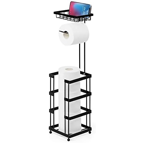 UOMIO Toilet Roll Holder Stand Freestanding Black Spare Roll Paper Rack with Storage Shelf for Bathroom Stylish and Modern Paper Rolls Rack Stand Rust Resistant Matte Metal Cover