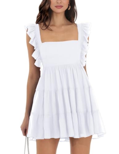 Image of Women's Summer Square Neck Tie Back Ruffle Sleeve Tiered Casual A-Line Short Mini Dress
