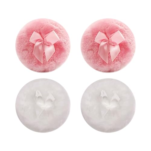 Lot de 4 grandes houppettes moelleuses blanches et roses pour le corps et le visage - Tampons ronds pour poudre libre - Éponge de maquillage avec nœud en ruban