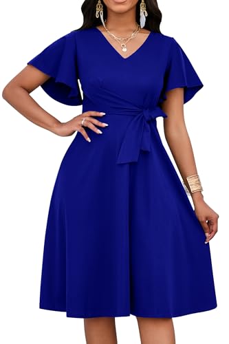 Image of FANDEE Women's Casual Midi Dress Wedding Guest Dresses for Chuch Cocktail Ruffle Short Sleeve A-Line V Neck with Belt Blue