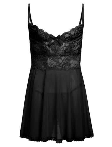 ABAFIP Men's Sissy Lingerie Crossdressing Nightwear Sheer Lace Mesh Nightdress Ruffle V-Neck Nightgown Black Large