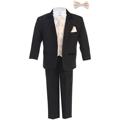 Little Gents Boys Tuxedo Suit Black with Champagne Vest - Toddler Tuxedo for Wedding and Communion - Modern Fit (Size 5) Cover
