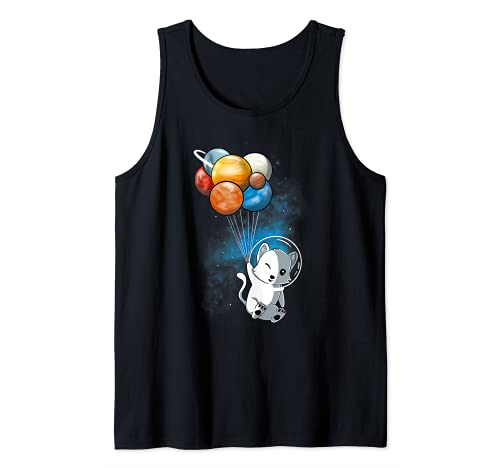 Funny Outer Space Cat Balloon Planets Space Travel Universe Tank Top, Black