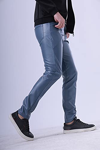 Men`s Summer Business Thin Slim Fit PU Dress Faux Leather Pants Jeans Blue/403