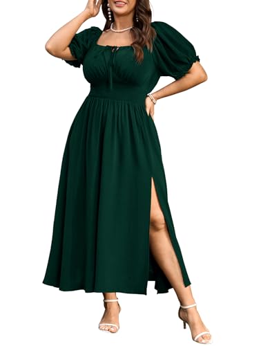 SHESTARR Women's Plus Size Maxi Dress Short Sleeve Smocked Square Neck Tie Front Split A-Line Flowy Long Dresses Emerald Green