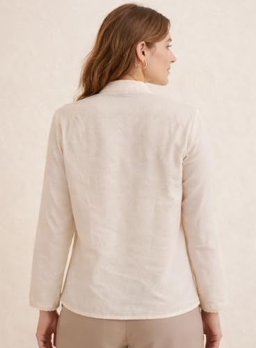 Image of RIEKA Womens Off White Cotton Shirt with Multicolour Floral Embroidery Button Down Mandarin Collar Relaxed Fit Casual Wear Top