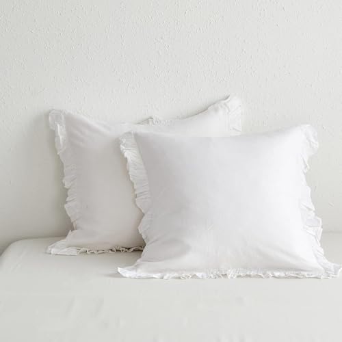 SimpleOpulence 100 Linen Euro Sham Covers with Ruffle 26×26 Inch Pillow Covers Set of 2 Euro Pillow Shams for Bed Couch French Home Decor Luxury and Breathable Square Pillow Cases White