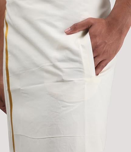 Image of Adjustable Velcro with Pocket Cotton Dhoti with Gold Jari Border, For Men (28 to 44 inches)