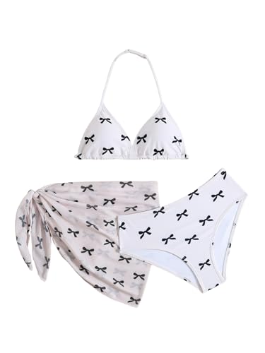 Image of SEGT Girl's 3 Piece Striped Bikini Swimwear Cute Swimsuits Bathing Suit High Waisted with Cover Up Beach Skirt