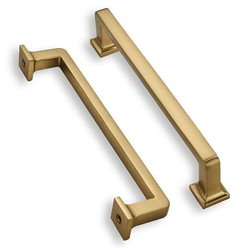 khtumeware 10 Pack Brushed Brass Cabinet Pulls, 6-1/4 Inch Hole Center Cabinet Handles Kitchen Hardware Straight Bar for Cabinets and Drawer Pulls