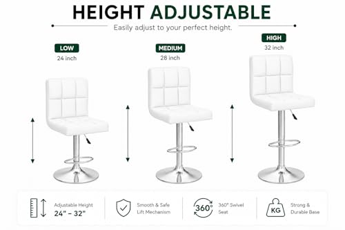 Image of Kemon KaiMeng Modern Adjustable Swivel Bar Stool Chair with Backrest, PU Leather Hydraulic Counter Stool with Footrest for Kitchen Island, Cafe & Home Bar, White, Square Tufted Back Stool