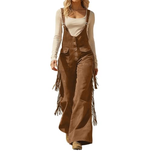 Image of Womens Suede Fringe Sexy Cowgirl Jumpsuits Country Concert Western Cargo Overalls High Waisted Romper Vintage Outfit