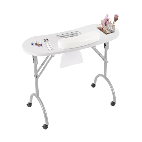 JDBDU Mesa de Manicura Portátil y Plegable Con Aspiración - 90 x 40 x 72 cm, Bolsa para Polvo y Ruedas - Color Blanco