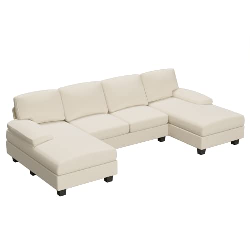 Furniwell Convertible Sectional Sofa Couch, 4 Seat Sofa Set for Living Room U-Shaped Modern Fabric Modular Sofa Sleeper with Double Chaise & Memory Foam (Fabric, White)