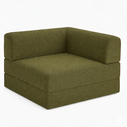 Image of Premium Boucle Fabric Sofa Cum Bed | Foldable Floor Sofa with Backrest | Convertible Single Bed | Space-Saving Furniture for Living Room & Bedroom,Olive Green