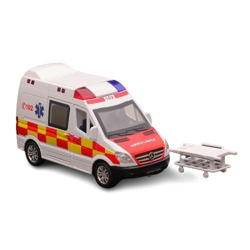 - 1:32 Die-Cast Ambulance Van Model with Pull-Back Action, Light & Sound, Opening Doors, Medical Stretcher & Realistic Emergency Detailing Premium Metal Rescue Vehicle Toy for Kids (Multicolor)