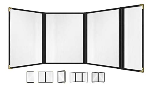 Goodsmart Restaurant Menu Covers – 25 Pack Black Quadfold 8-View, Side-Loading Menu Holders, Vinyl &amp; Plastic Café Menu Covers, Clear Menu Sleeves, Fits 8.5" x 11" &amp; 4.25" x 11", Gold Corners