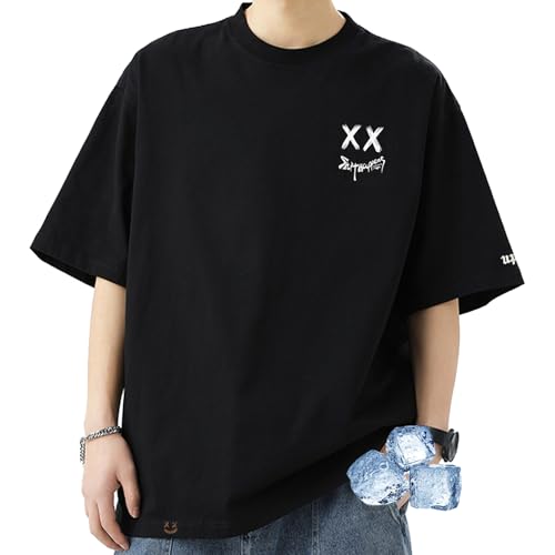 [uptoyou] Tシャツ メンズ 半袖 ビッグシルエット 大きいサイズ 透けない 綿100 柔らかい肌触り 秋用 吸汗速乾 プリント クルーネック トップス ストリート系 男女兼用 ギフト 秋冬重ね着(L ブラックB)の商品画像（Amazon）