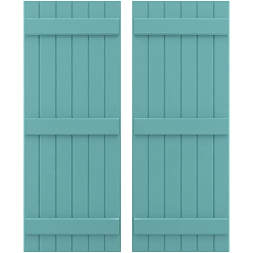 21"W x 41"H Americraft Six Board (3 Batten) Exterior Real Wood Joined Board-n-Batten Shutters (Per Pair), Pure Turquoise