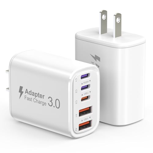 Bloc chargeur USB C, 2Pack 50W 5 ports blocs de charge rapide Type C PD adaptateur d'alimentation USBC + prise murale QC USB multiport cube pour iPhone 17 16 15 iPad Samsung S26 S25 et plus (blanc)