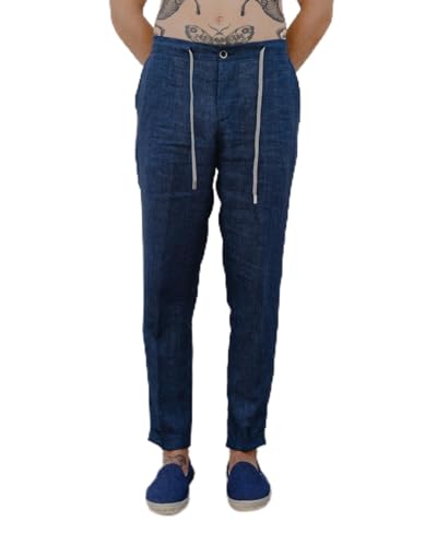 Men's Linen Pants, Capri Blue, S-XXL, Italian Luxury, Mid-Rise, Relaxed Fit, Straight Leg, 100% Pure Linen by Albini 1876, Elasticated Back