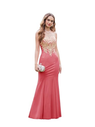 Image of Prom Dress for Women 2025 Gold Lace Applique Long Sheer Illusion Mermaid Formal Dresses Evening Gown