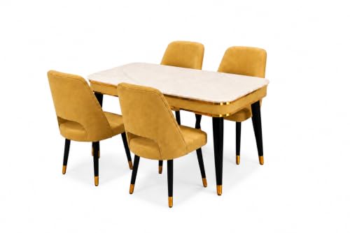 Image of WOODEN SPACE 4 Seater Wooden Dining Table Set | Urban Marble Top Dining Table with Chairs for Dining Room & Kitchen (Modern Vintage Yellow) (54 x 36 x 30 inch)