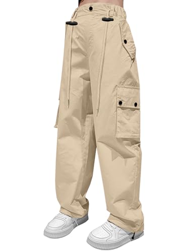 Image of HENGAO Girls Cargo Pants Parachute Casual Jogger Y2K 5-14 Years | Kids Baggy pants Parachute, Drawstring, with Pockets, Elastic High Waist, Loose Trousers Streetwear
