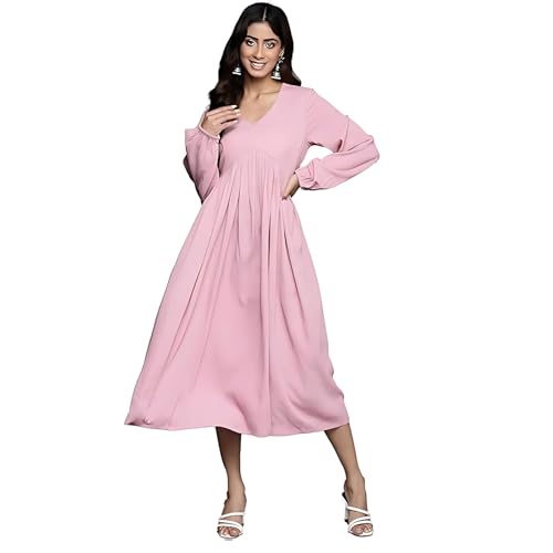 Image of Varanga Women Blue V-Neck, Bishop Sleeves, Gathered Details Calf Length A-Line Dress, Flared Hem