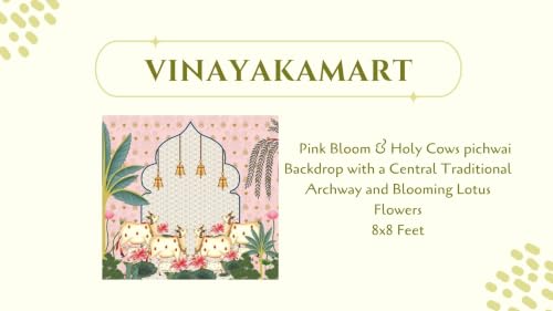 Image of varalaxmi Pooja Decoration Background | Pink Bloom & Cows pichwai Backdrop with a Central Traditional Archway and Blooming Lotus Flowers 8x8 Feet | Backdrop Cloth for Decoration Pooja 8x8