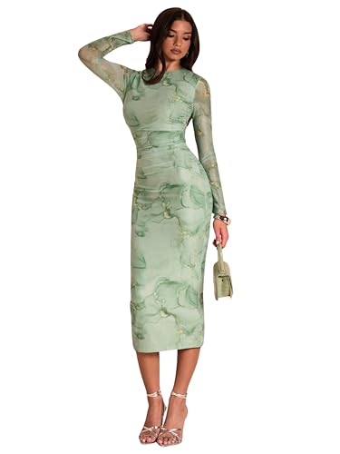 Image of Women's Sexy Round Neck Lounge Long Dress Elegant Long Sleeve Ribbed Bodycon Knee Length Dresses