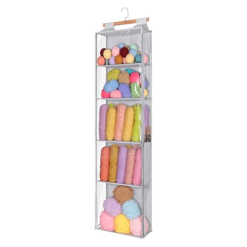 LOVEGRASS Hanging Yarn Storage Organizer with 5 Large Pockets, Large Capacity Hanging Knitting Organizer Storage with Two-way Zipper for Yarn Balls, Crochet Accessories