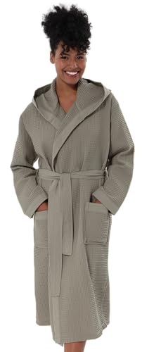 SEYANTE Women's Organic Cotton Waffle Knit Robe - GOTS Certified Turkish Cotton Hooded Bathrobe - Lightweight Full-Length Spa Robe for Women – Sage Green, Size Large