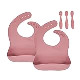 JoyerBaby Silicone Baby Bibs 2 pcs with Silicone Baby Spoons Self Feeding Waterproof, Soft (Rosy/Blue)