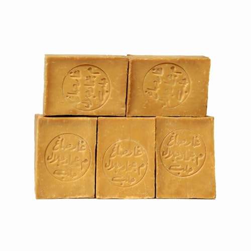 Jabón original de Alepo, 5% de aceite de laurel y 95% de aceite de oliva (embalaje de 5 piezas) – jabón natural de Alepo para manos, cara, cuerpo y cabello – producido según receta tradicional en