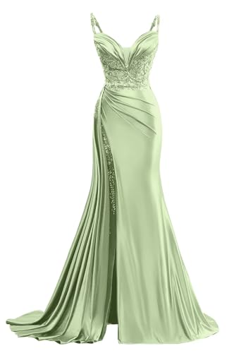 Mermaid Satin Prom Dress Long Ball Gown for Women Spaghetti Straps Formal Evening Dresses with Slit