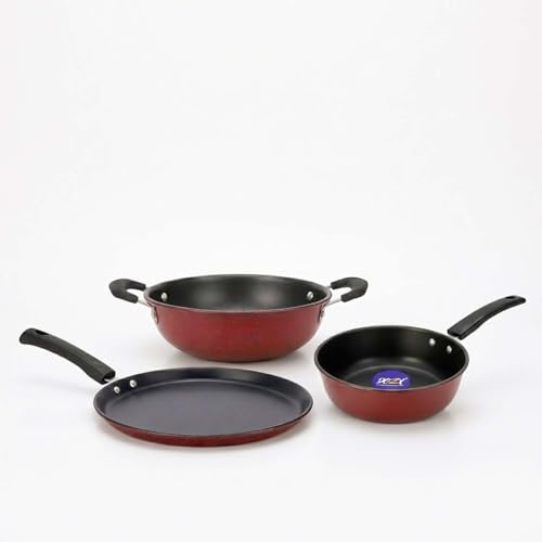 Image of DOZY Non-Stick Cookware Set | Maroon | 3 Piece, Kadai with Tawa and Fry Pan | Fast Heating on Low Flame | Induction cookware Set | Bakelite Handle