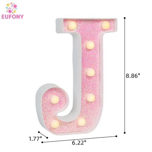 Image of Pink Glitter Marquee Light Up Letters, Battery Operated LED Letter Lights Signs for Pink Birthday Party Table Decorations, Wall Decor for Girls Bedroom, Initial Letter J with Warm White Lights