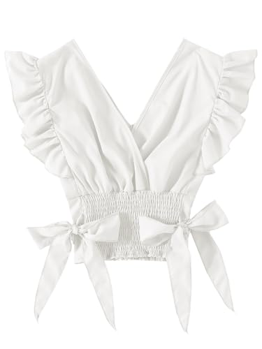 LYANER Women's V Neck Ruffle Cap Sleeve Side Bow Shirred