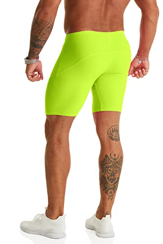 Ouber Men's Ribbed 9" Inseam Tight Fit Athletic Bodybuilding Short Workout Sport Shorts Fluorescence,S #TOP2