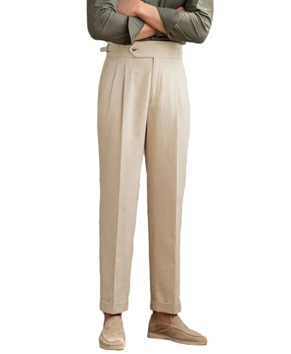 Men's Cotton Linen Breathable High Waist Dress Pants Naples Casual Straight Suit Pants