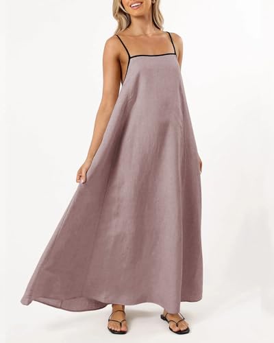 Image of Senllen Women's Linen Dress Summer Loose Flowy Sundress Contrast Spaghetti Strap Sleeveless Backless Beach Maxi Long Dresses