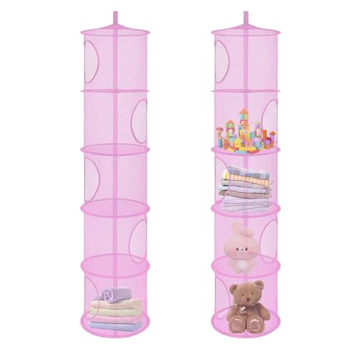 Lot de 2 organiseurs de rangement suspendus pliables à 5 compartiments en maille filet - Sac de rangement suspendu pour doudous - Pour chambre d'enfant, balcon - Rose