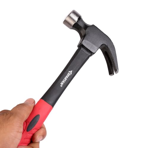 Image of SPARTAN 11 Inch Heavy Duty Claw Hammer | Forged Carbon Steel Head with Fibreglass Shock-Absorbing Handle | Anti-Slip Rubber Grip | Claw Hammer for Carpentry, Woodworking, Home Repair & DIY Projects