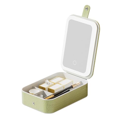 Estuche de maquillaje con espejo led integrado y organizador verde para retoques precisos