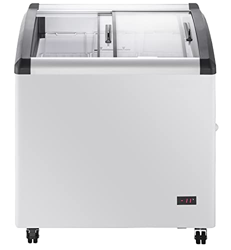 Image of Duura Commercial Mobile Ice Cream Display Chest Freezer Sub Zero Temp Curved Glass Top Frost Free Lid with 3 Wire Baskets, 31.5 Inch Wide 4.87 Cubic Feet, White