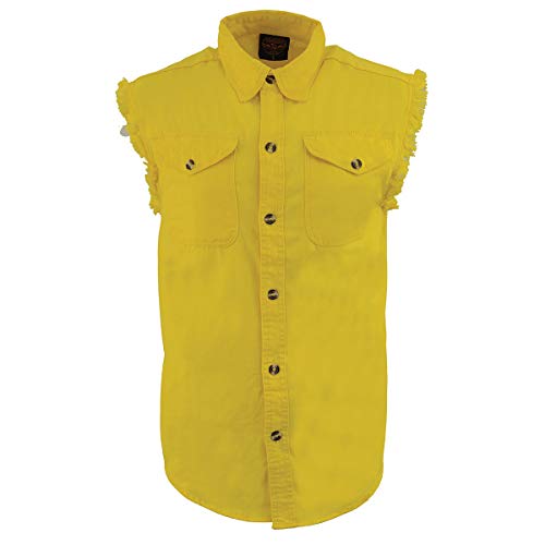 Milwaukee Leather DM4008 Men's Yellow Lightweight Denim Shirt with with Frayed Cut Off Sleeveless Look - X-Large